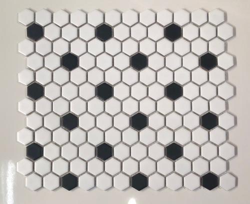 HEX-1015 - 1 inch Hexagon Matte White and Black Rosette Pattern Mosaic Tile